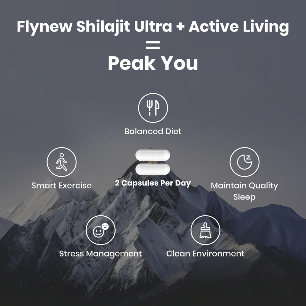 Flynew Shilajit fulvic acid graphic highlighting natural energy.