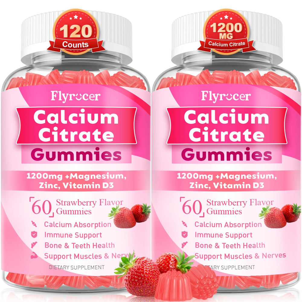 Flyrocer Calcium Citrate Gummies bottle highlighting strawberry flavor for bone support