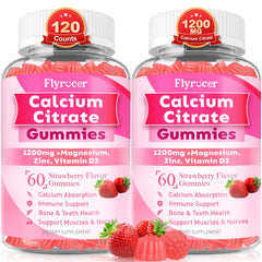 Flyrocer Calcium Citrate Gummies bottle highlighting strawberry flavor for bone support