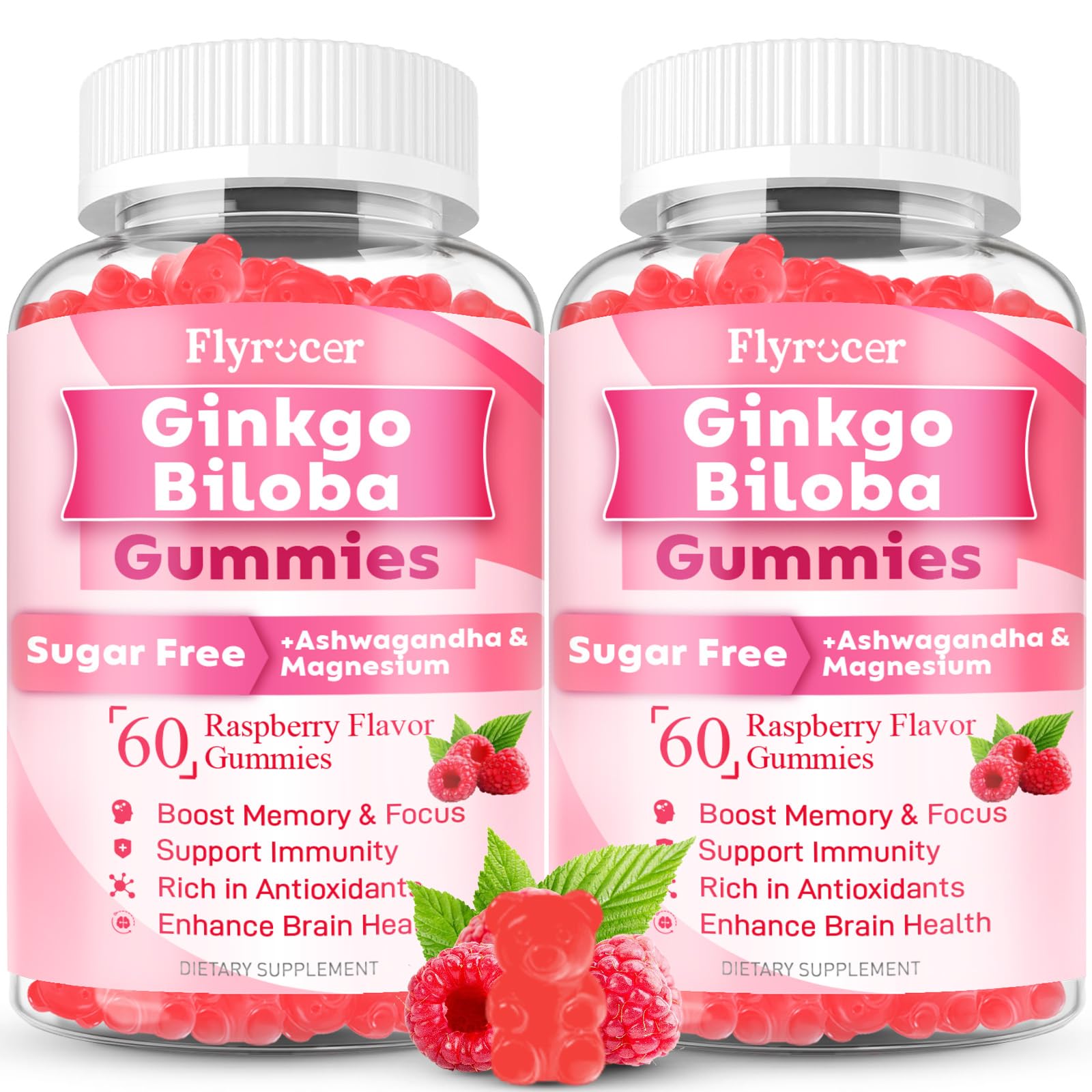 Flyrocer Ginkgo Biloba Gummies bottle front shows raspberry flavor for focus