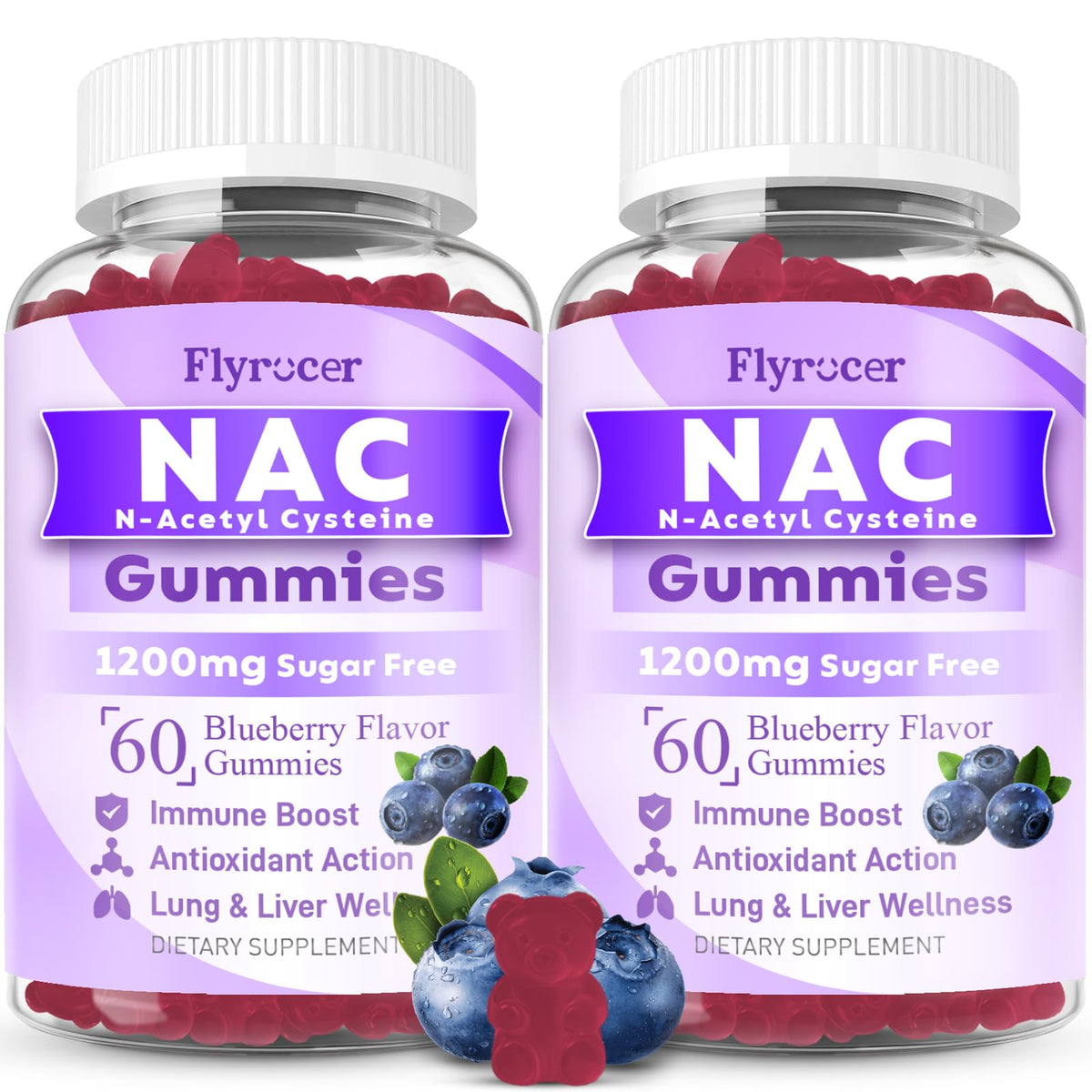 Flyrocer NAC Gummies blueberry bottle highlights convenient, sugar-free immune support for the whole family.