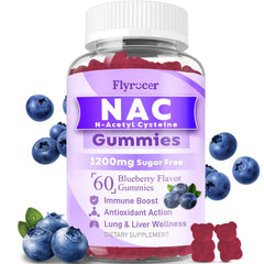 Flyrocer NAC Gummies blue bottle with blueberry flavor may support immune health.