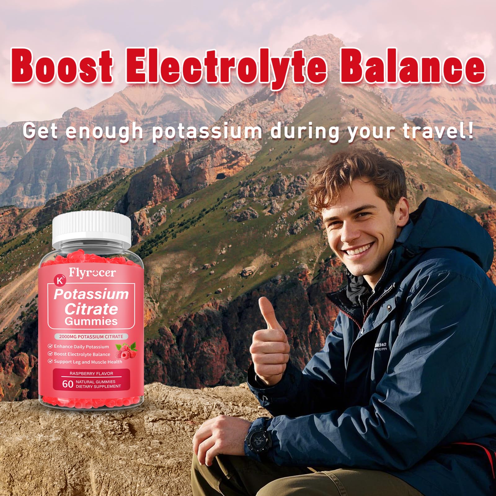 Flyrocer potassium citrate gummies raspberry closeup highlights delicious flavor for hydration support.