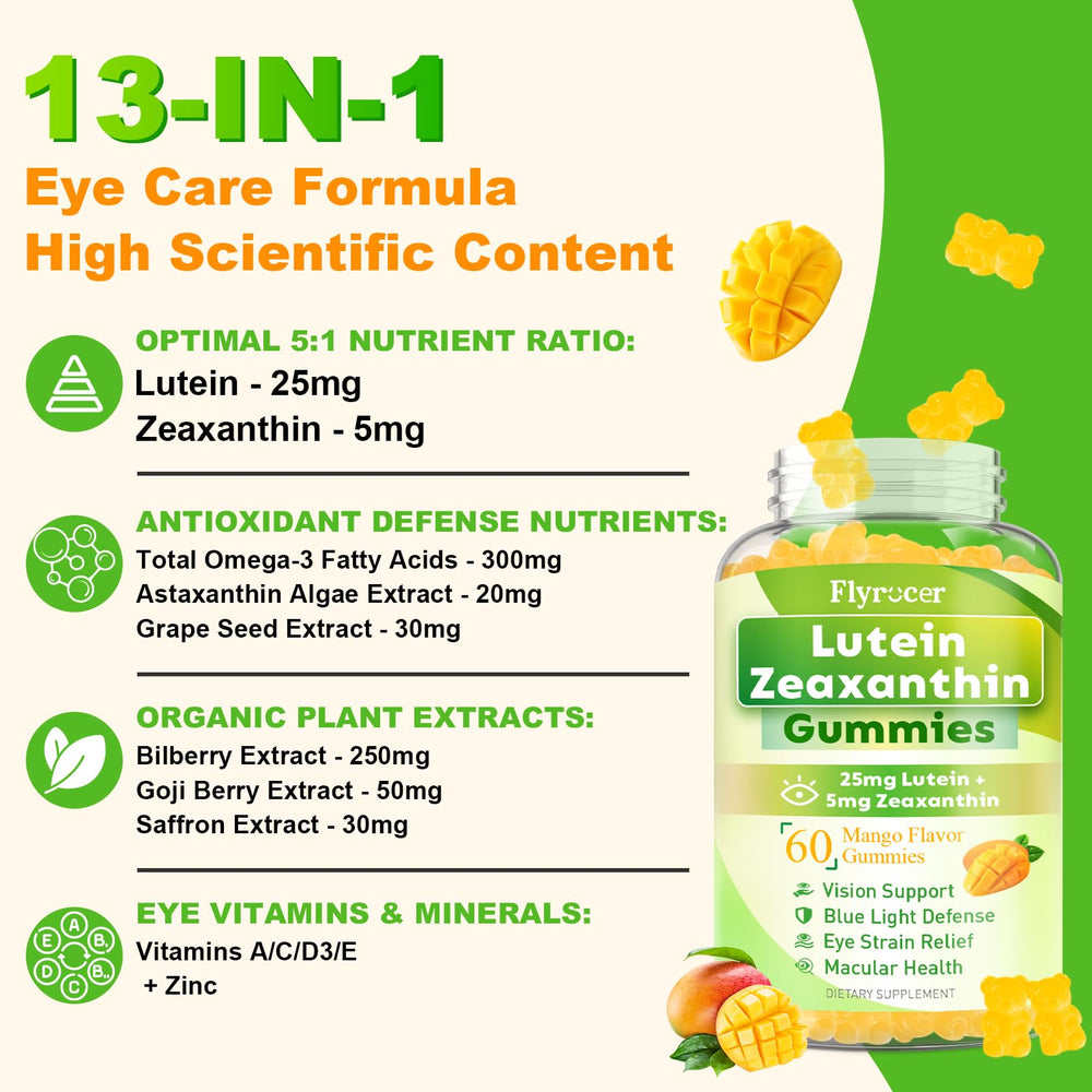 Flyrocer Lutein Gummies ingredients panel shows 13-in-1 eye defense formula.