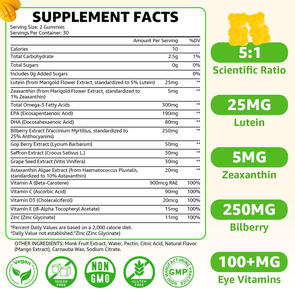 Flyrocer Sugar-Free Lutein Gummies mango bear cubes close-up: delicious mango flavor boosts daily eye wellness.