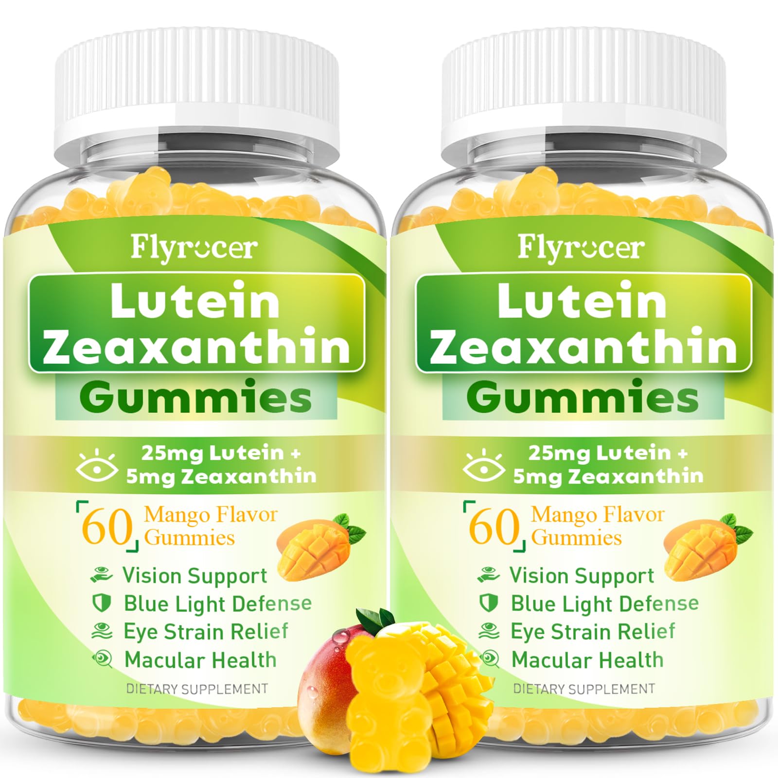 Flyrocer Sugar-Free Lutein Gummies mango bear cubes jar: tasty eye support during long screen days.