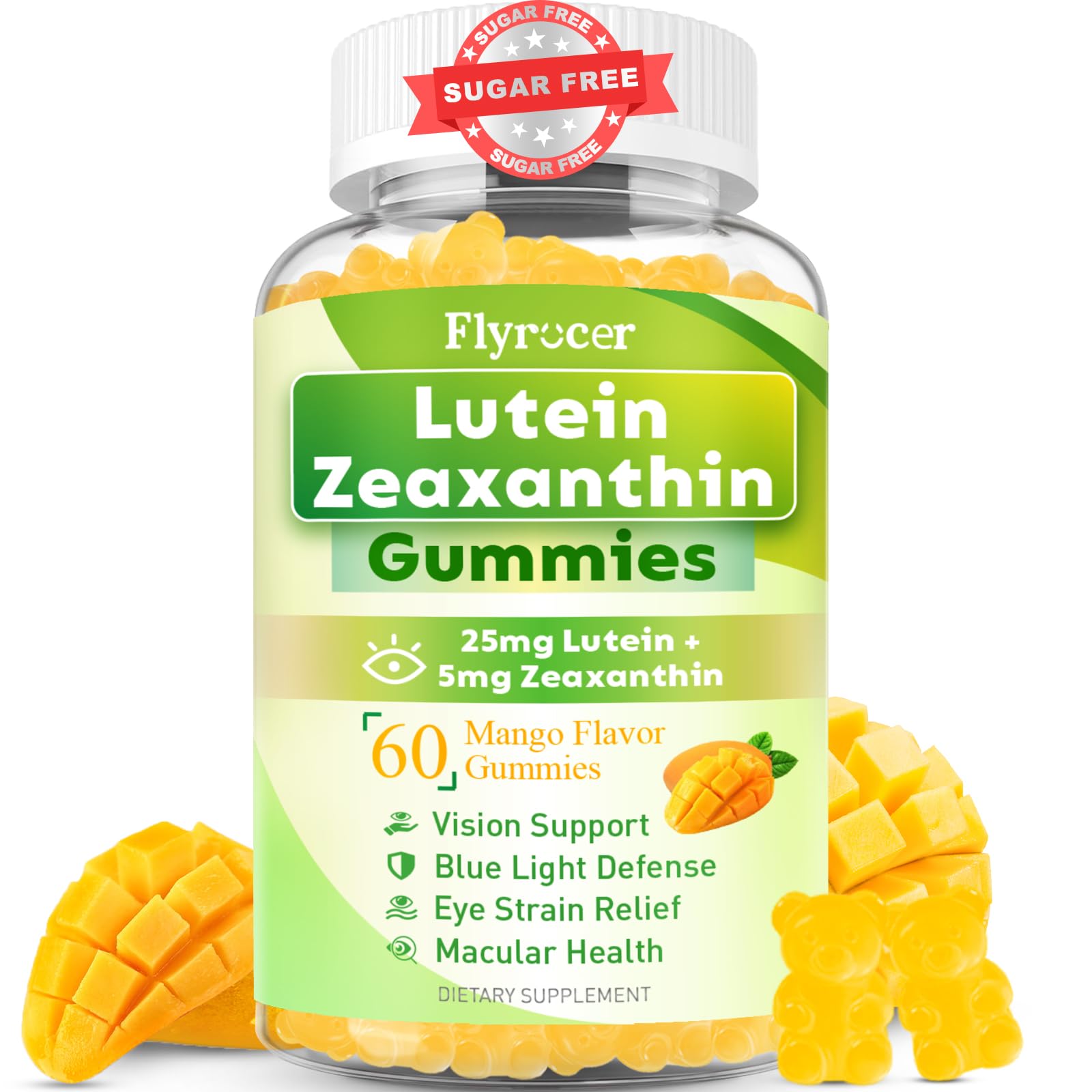 Flyrocer Sugar Free Lutein Gummies pack shot for daily eye care.