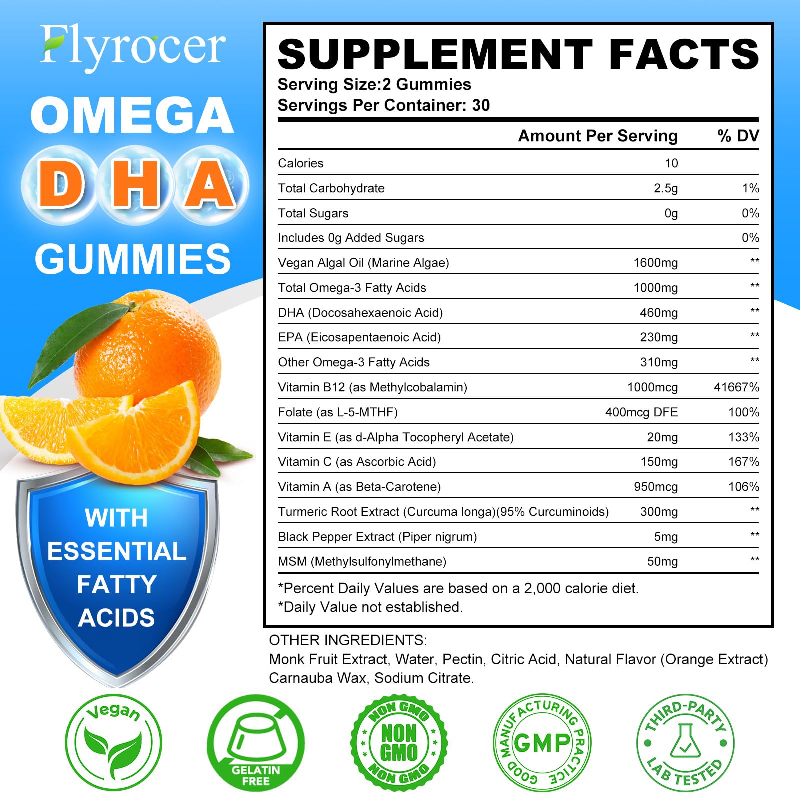 Flyrocer omega3 gummies jar label highlights DHA and EPA benefits.