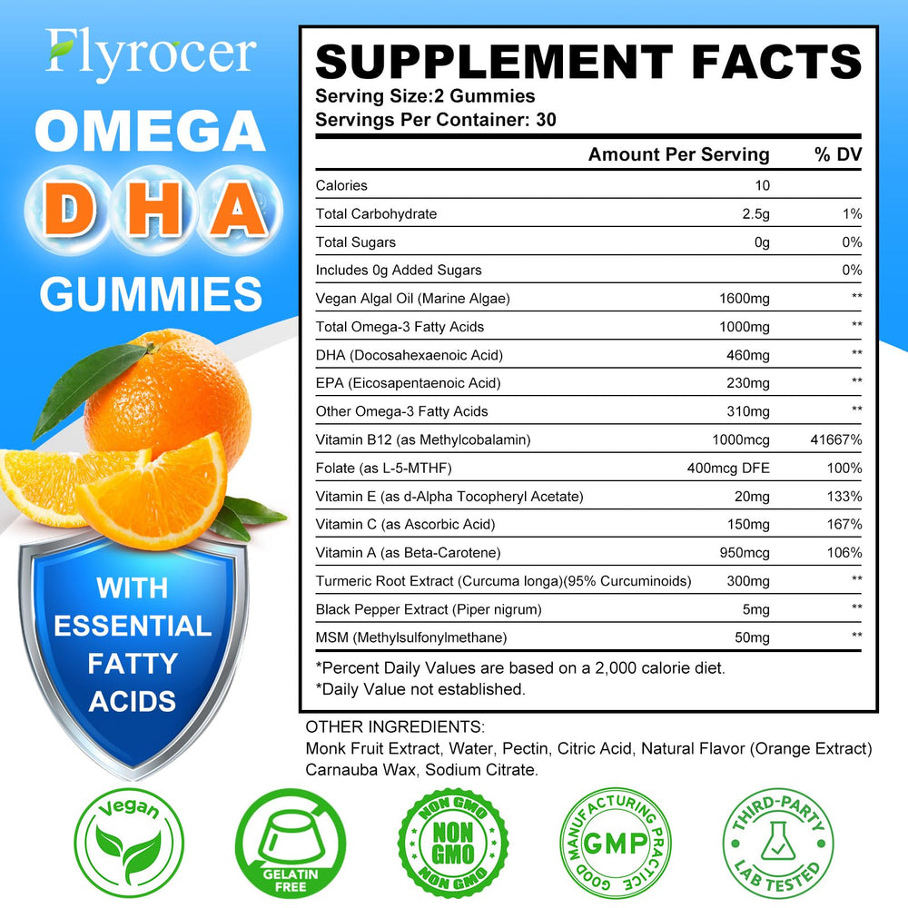 Flyrocer omega3 gummies jar label highlights DHA and EPA benefits.