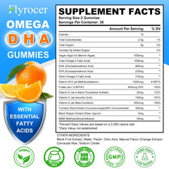 Flyrocer omega3 gummies jar label highlights DHA and EPA benefits.