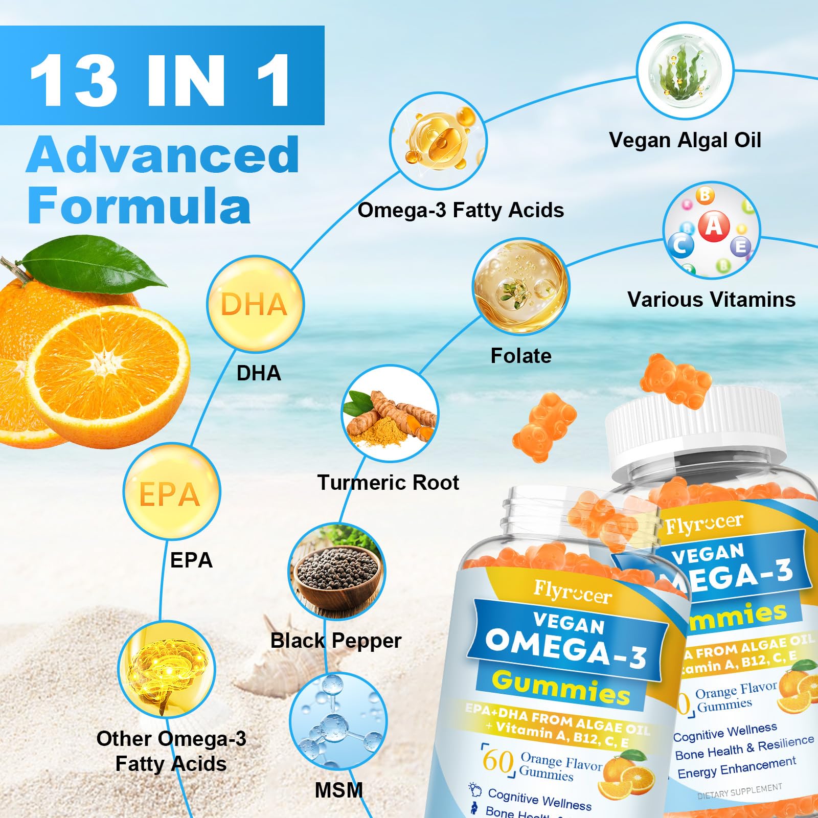Flyrocer vegan omega3 gummies DHA and EPA soft chews support brain and eye wellness.