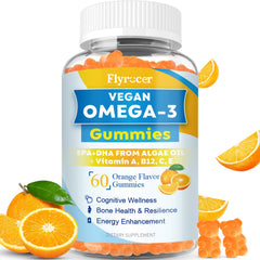 Flyrocer vegan omega3 gummies orange bottle for daily wellness.