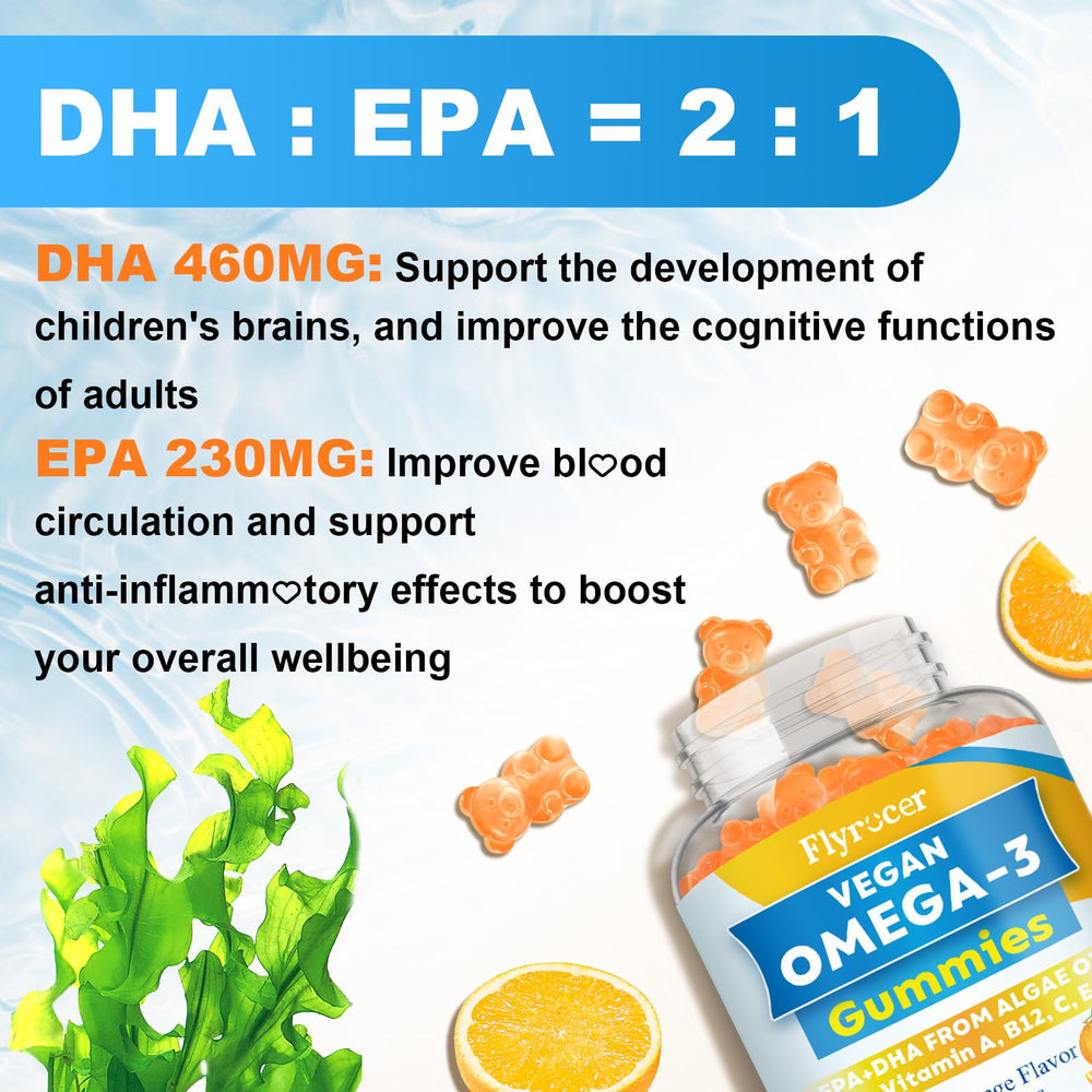 Flyrocer omega3 gummies rich in vitamins A, C, E, B12, and folate.