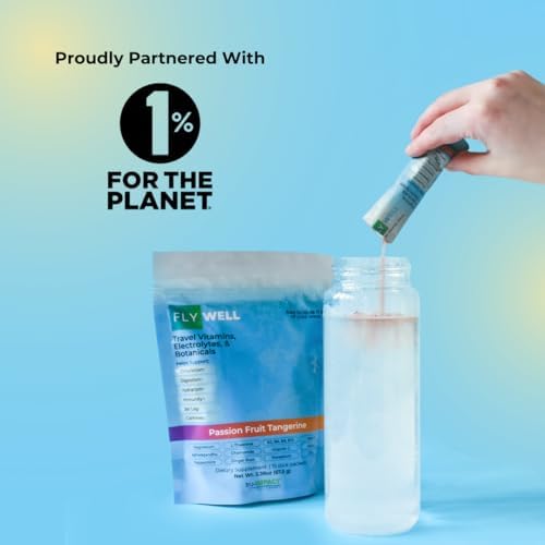 FlyWell pouch highlights electrolytes and adaptogens for immune and energy support.