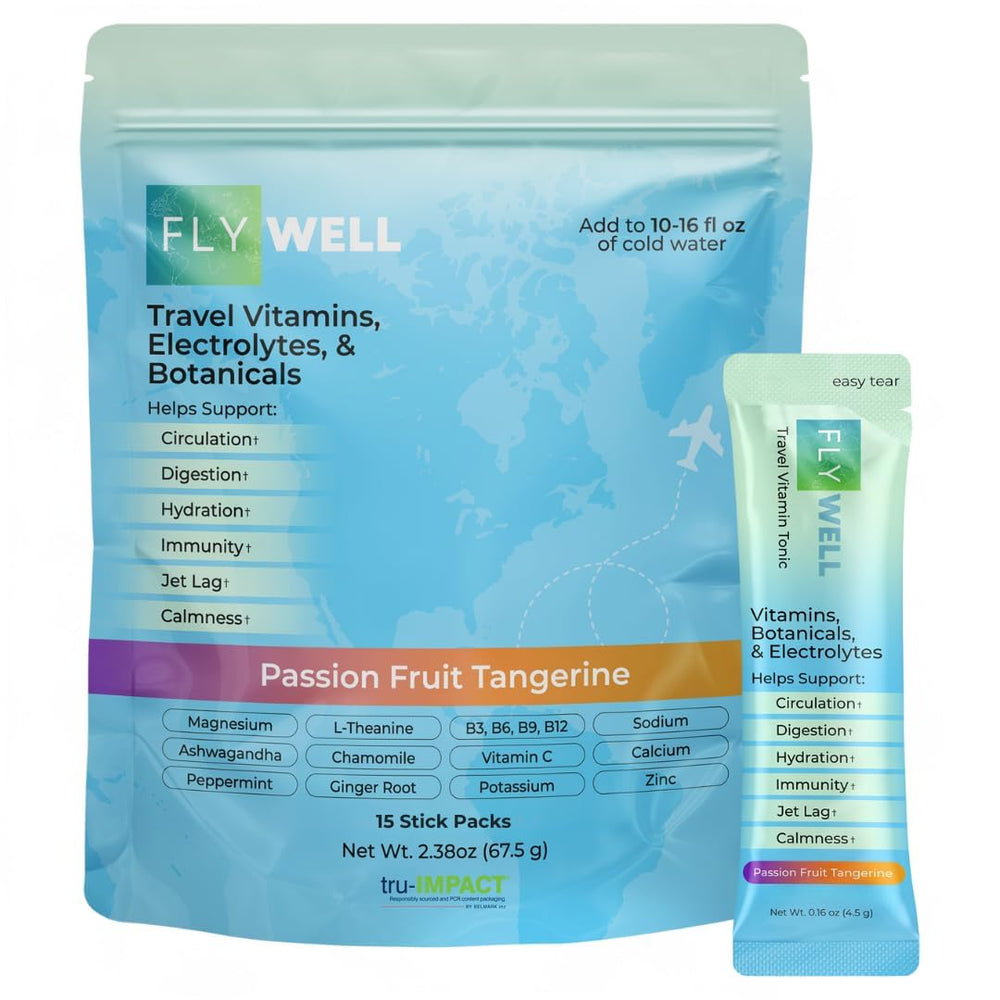FlyWell Travel Vitamin Tonic packets for on-the-go hydration during travel.