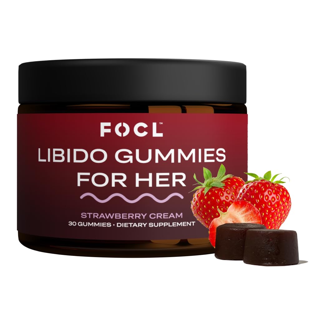 FOCL Female Libido Booster bottle with strawberry cream gummies showing daily wellness support.