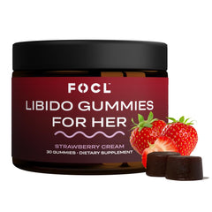 FOCL Female Libido Booster bottle with strawberry cream gummies showing daily wellness support.