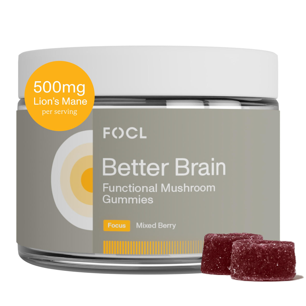 FOCL Lions Mane Gummies bottle front suggesting focus and daytime energy support