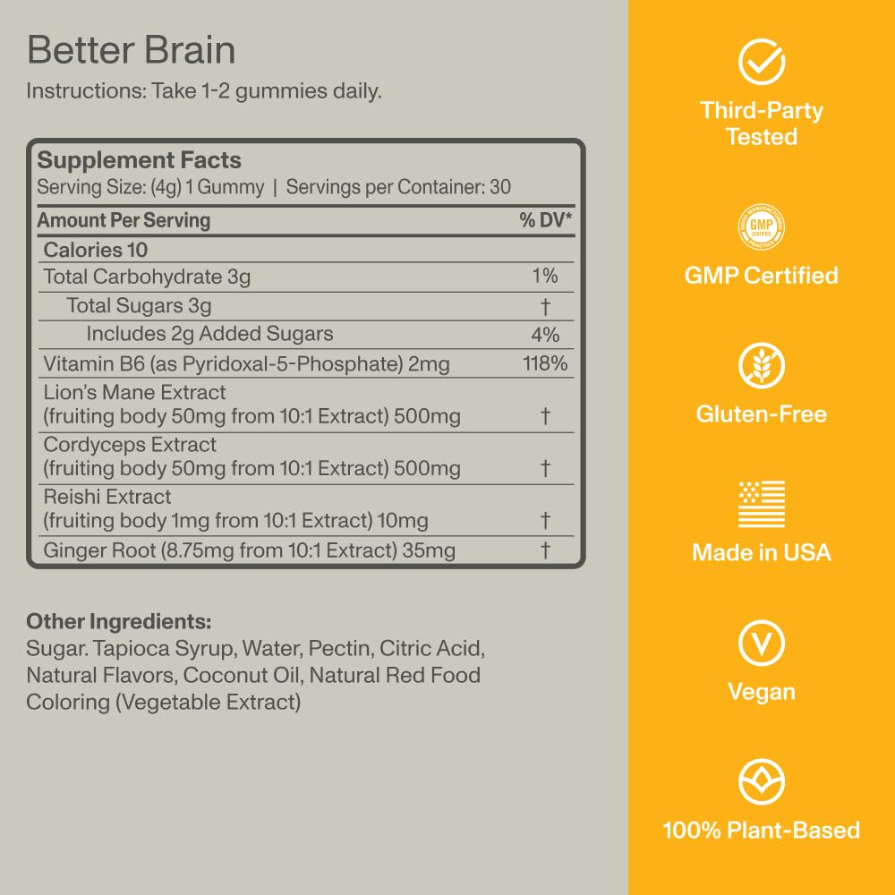 FOCL Lions Mane Gummies ingredients label detailing Lion's Mane and Cordyceps