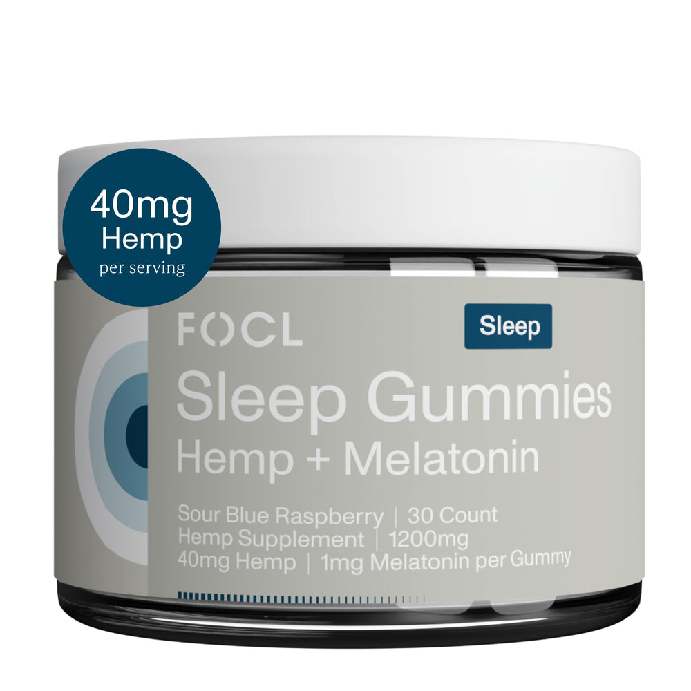 FOCL Sleep Gummies in a sour blue raspberry tin promote calm evenings