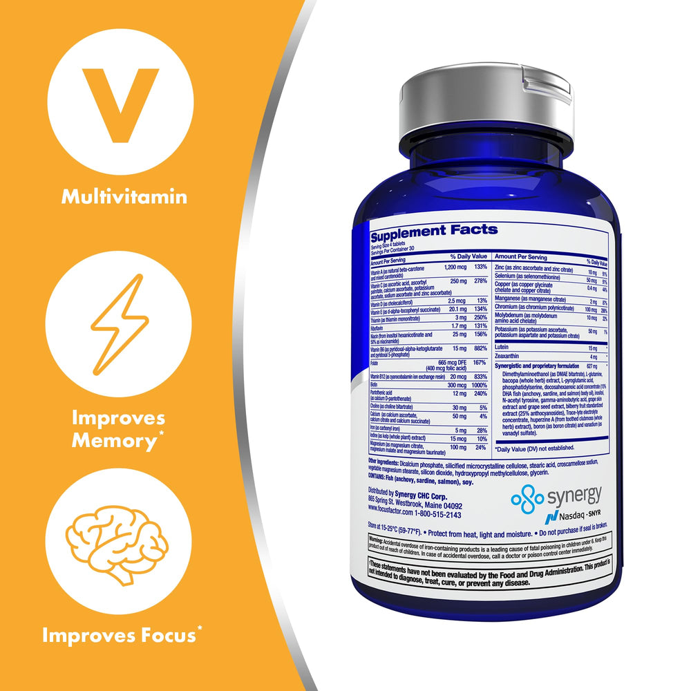 Focus Factor bottle pour shot suggesting easy daily supplement routine.