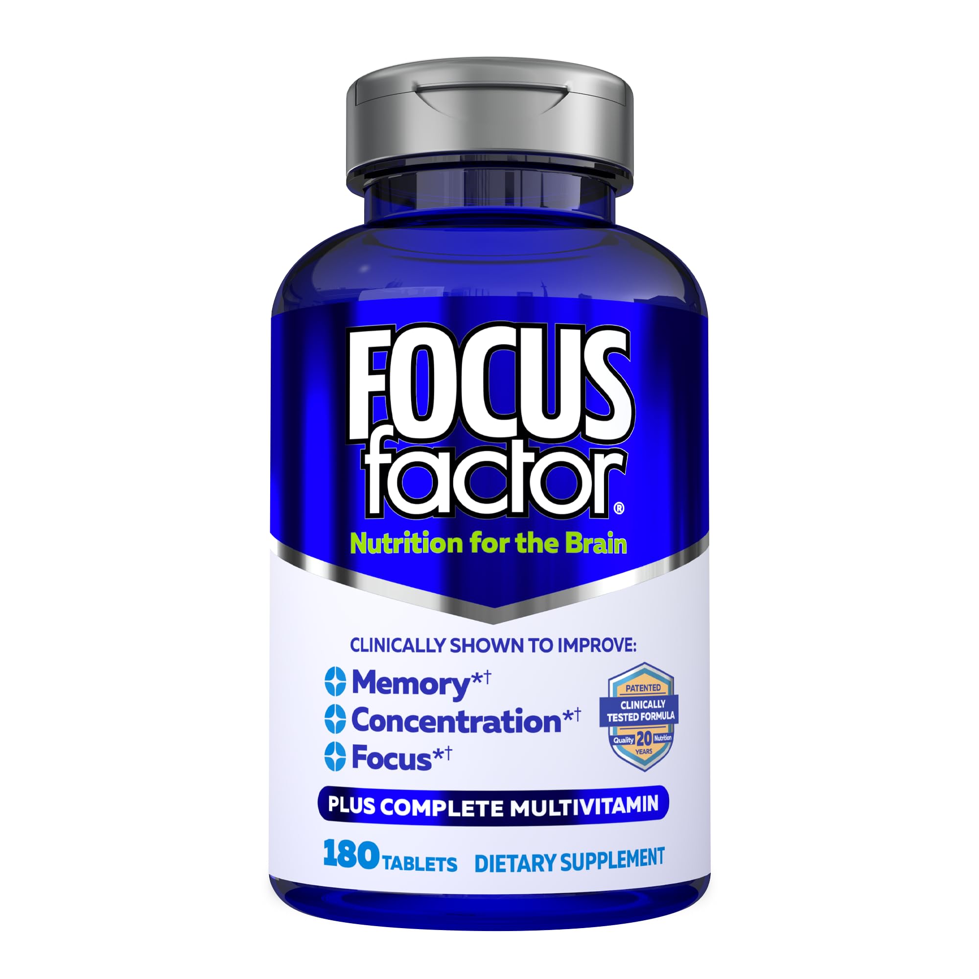 Focus Factor brain supplement bottle on a desk supports daily cognitive routines.