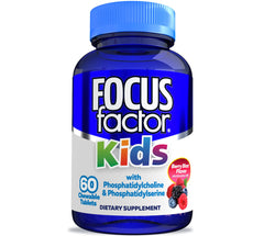 Focus Factor Kids berry-blast chewables bottle on display with berry flavor and kid-friendly packaging.