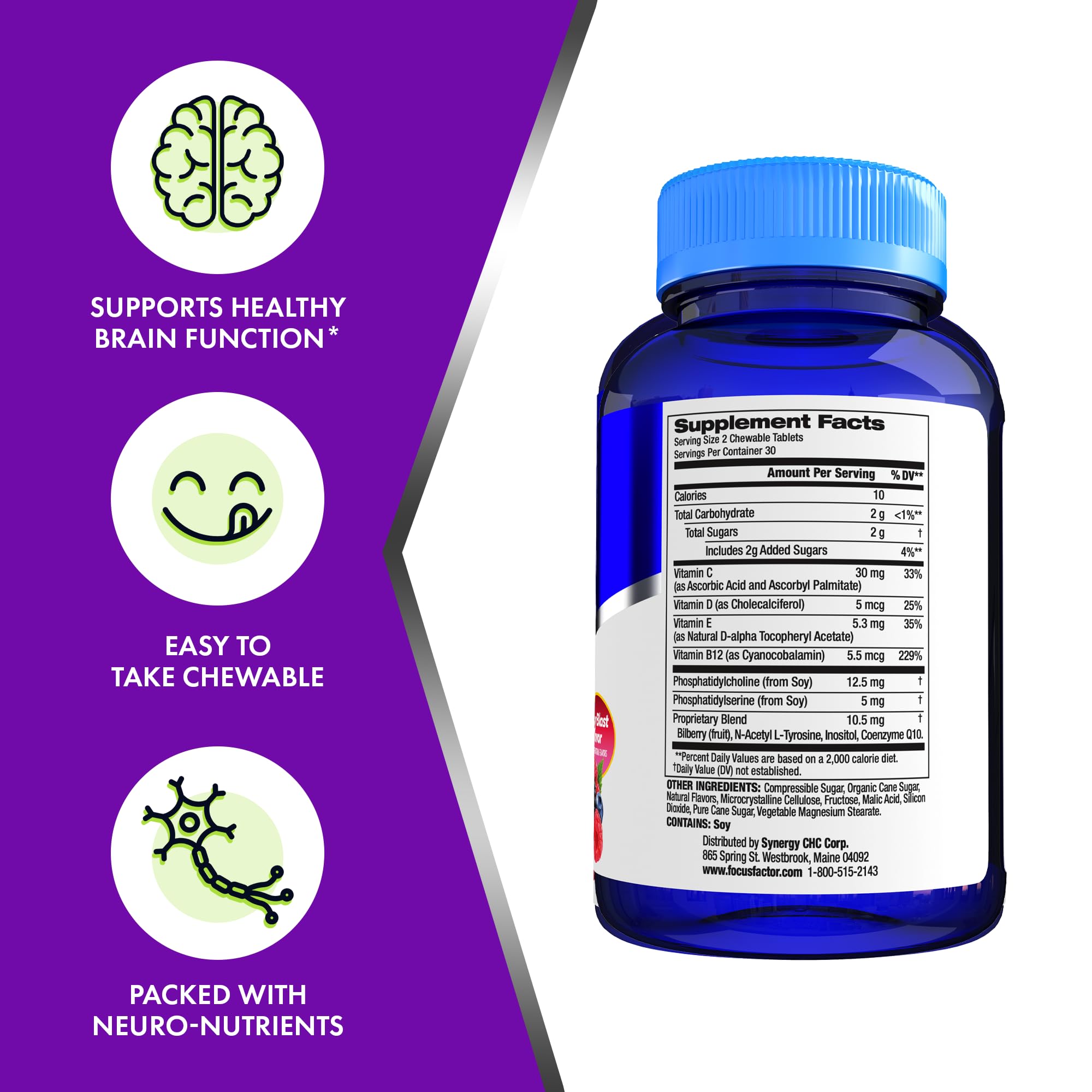 Focus Factor Kids berry-blast chewables bottle close-up emphasizing packaging quality.
