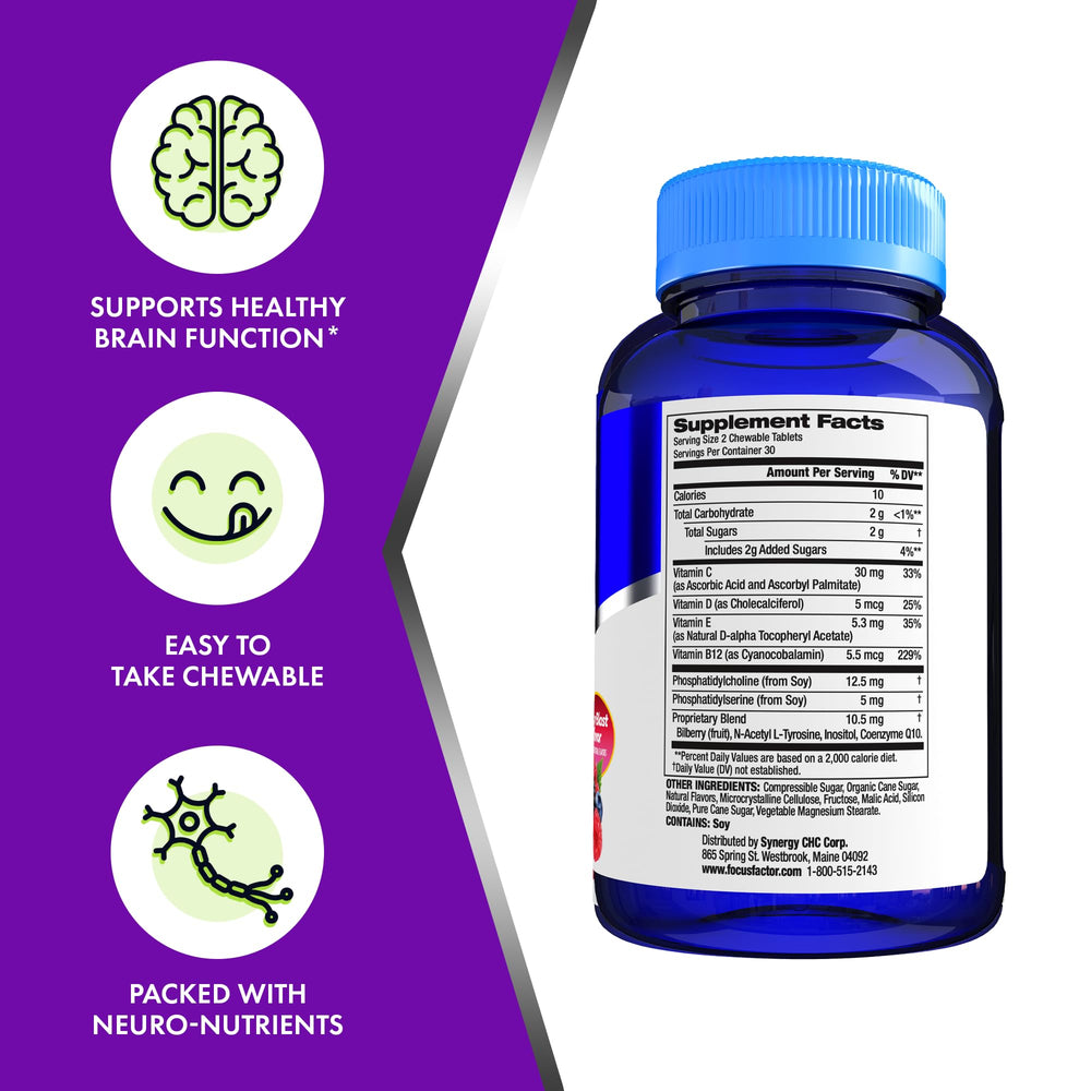 Focus Factor Kids berry-blast chewables bottle close-up emphasizing packaging quality.
