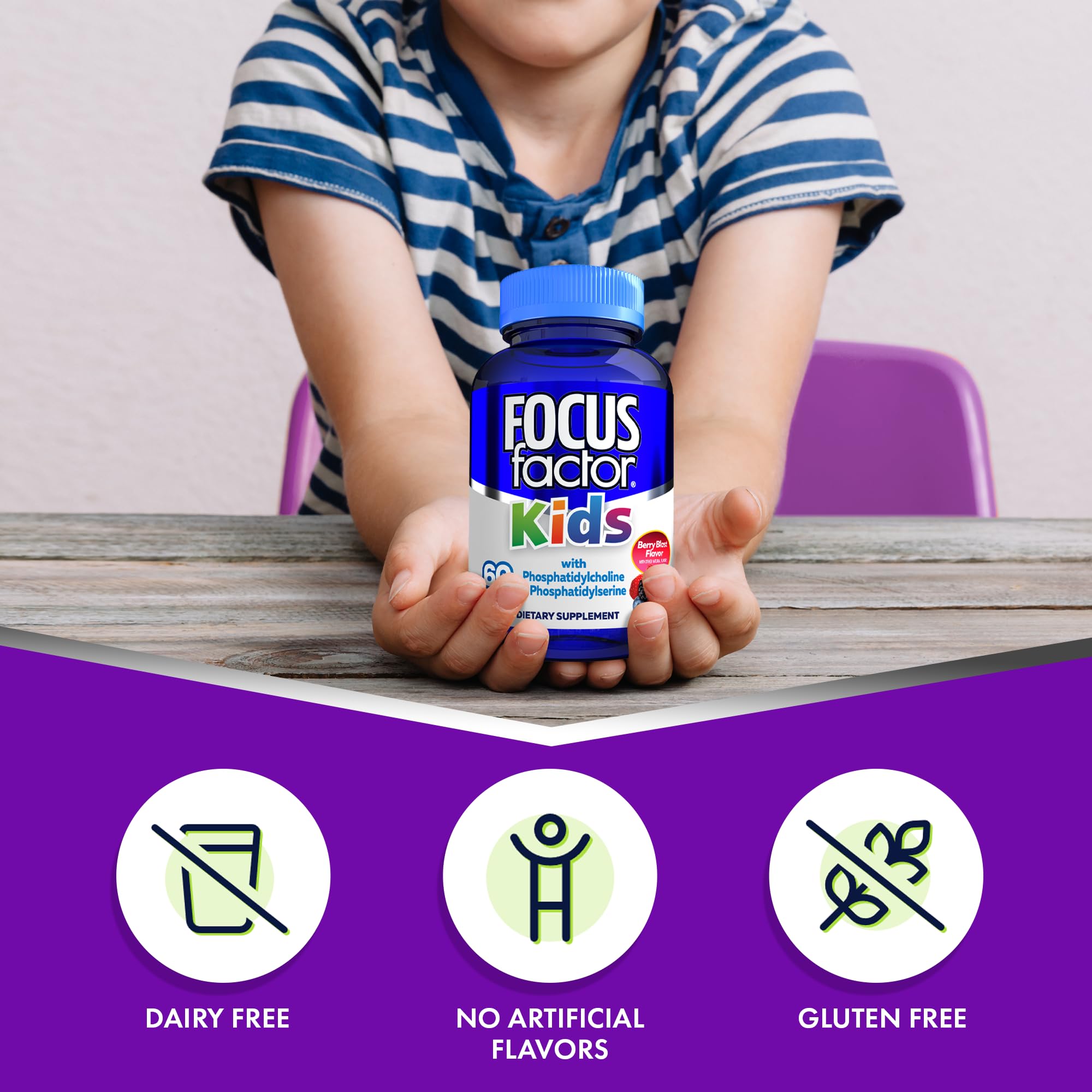 Focus Factor Kids chewables daily dosing card suggesting easy routine integration.