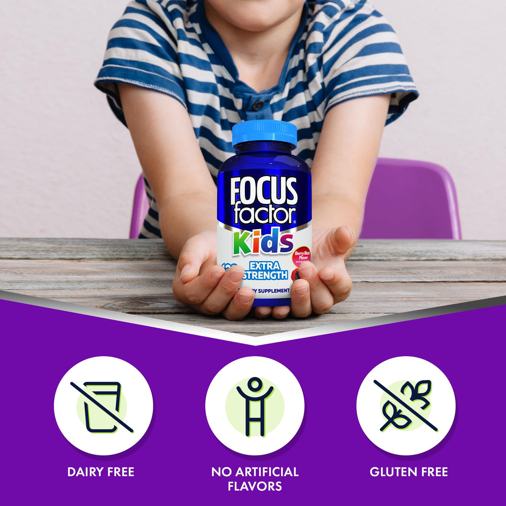 Label showcases gluten-free and dairy-free attributes of Focus Factor Kids