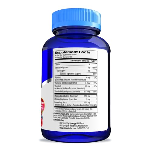 Focus Factor Kids chewables ingredient visual highlights choline and phosphatidylserine content.
