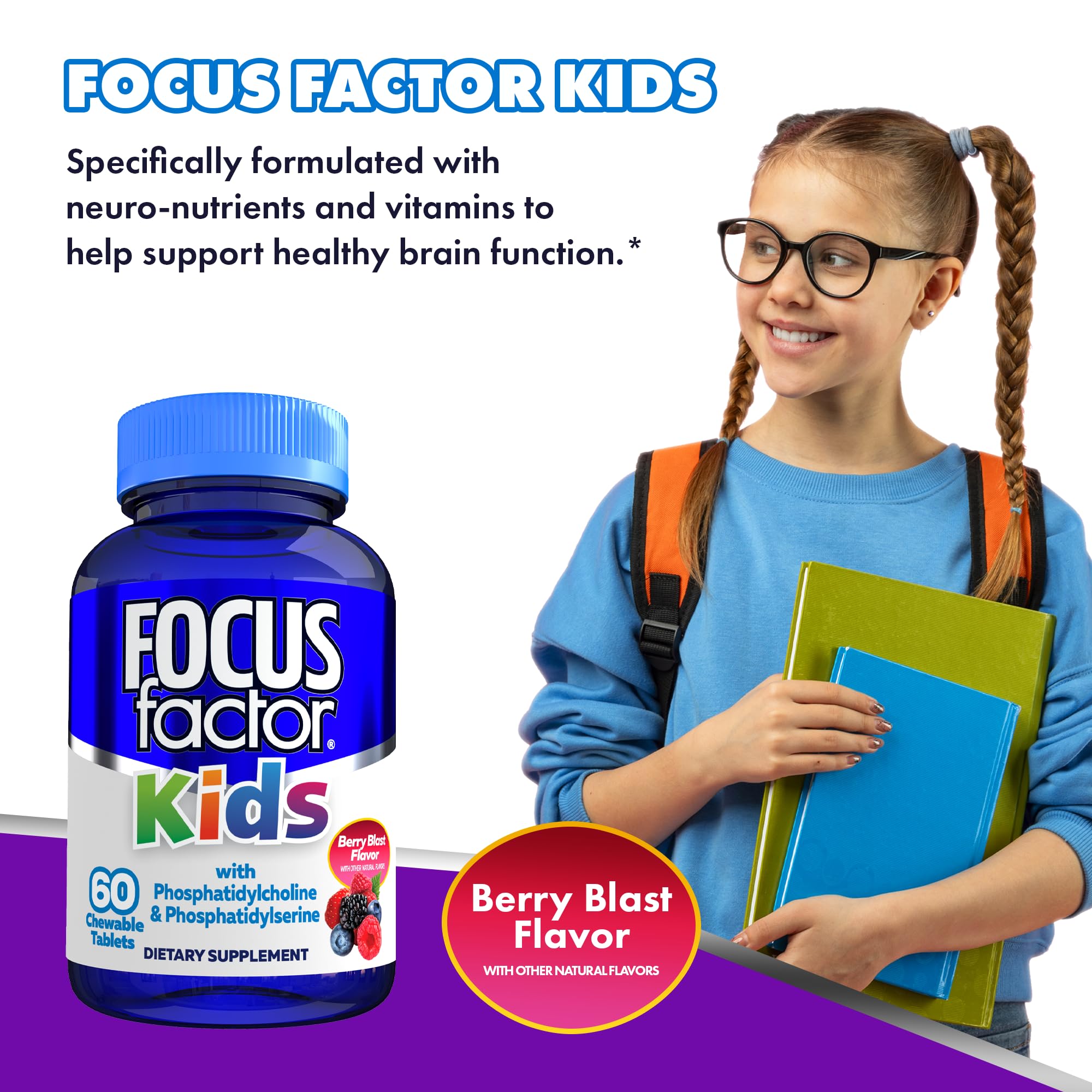 Focus Factor Kids chewables manufactured in USA facility with premium ingredients.