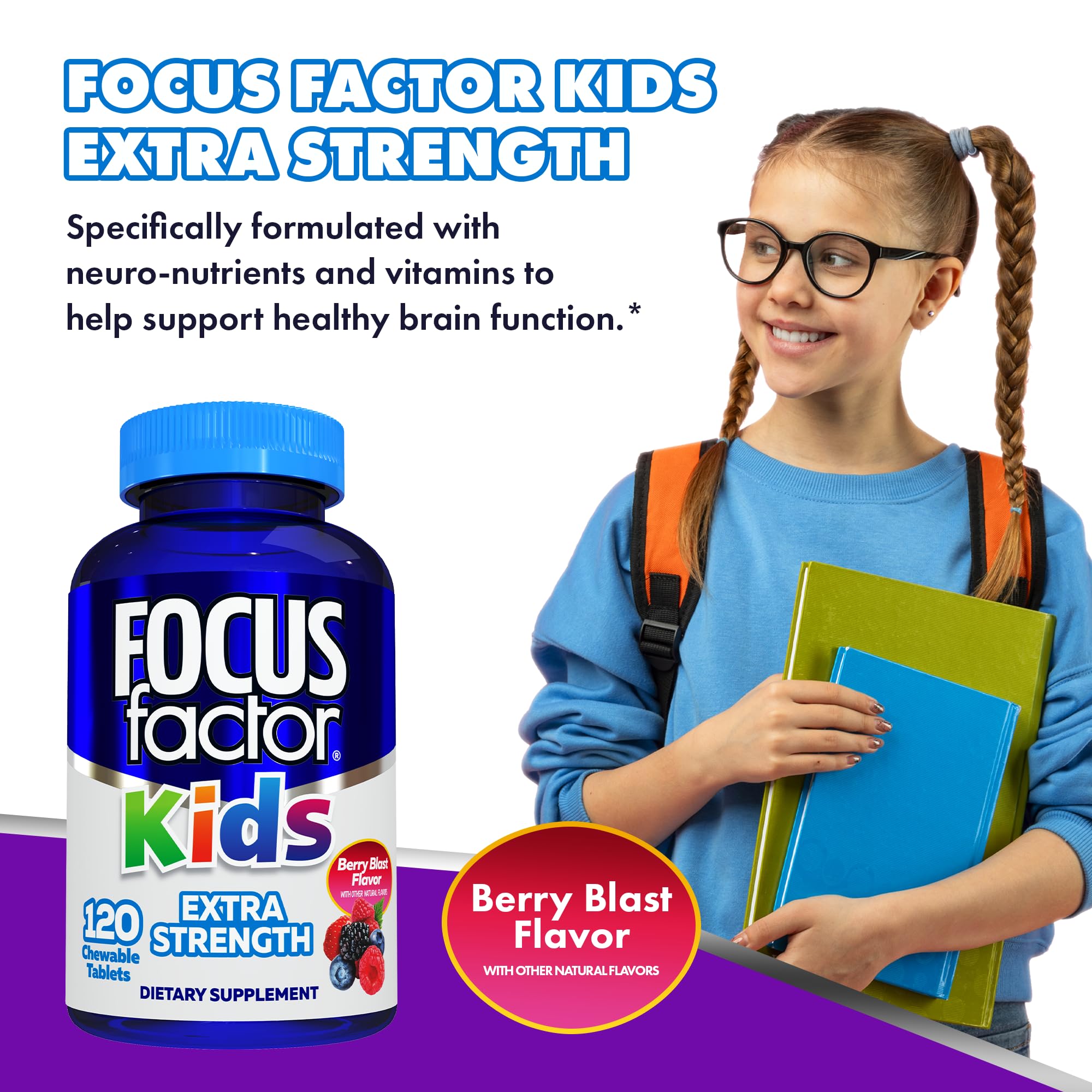 Nutrient-rich Focus Factor Kids formula highlighted on the packaging