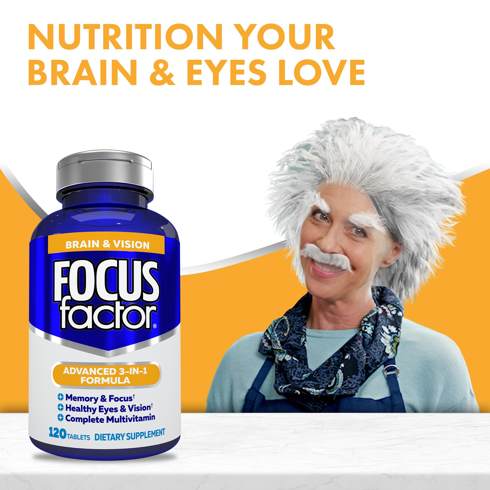 Focus Factor label closeup highlighting brain health heritage.