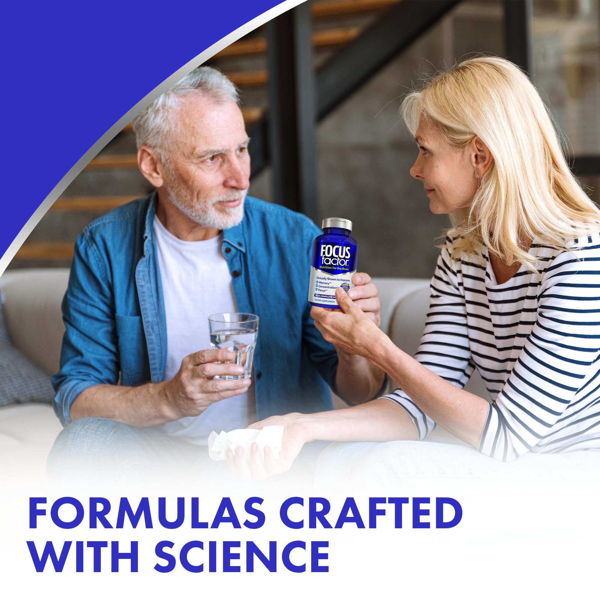 Daily usage scene with Focus Factor bottle and glass promotes routine support.