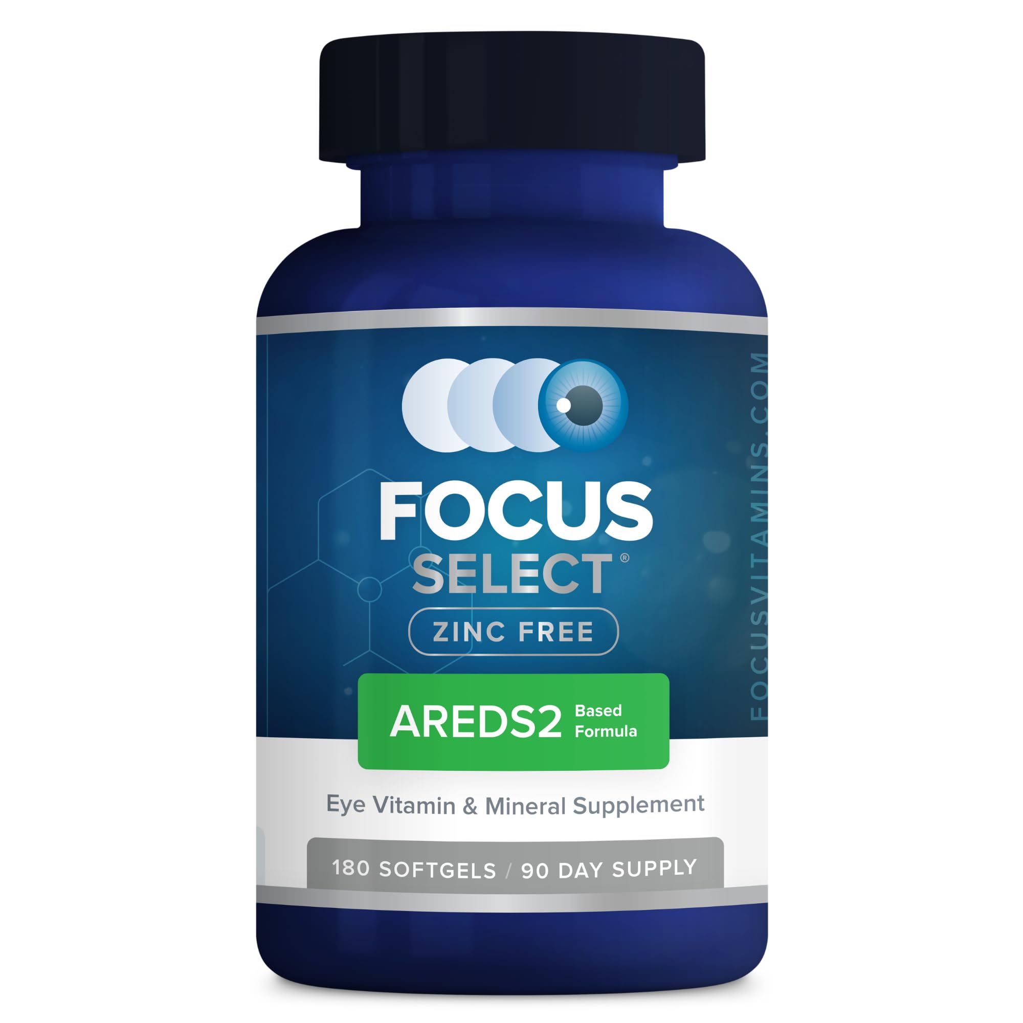 Focus Vision Supplements AREDS2 softgel close-up showing easy-to-swallow capsules for eye health