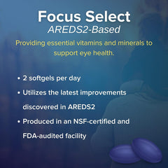 Label closeup of Focus Vision Supplements AREDS2 formula.