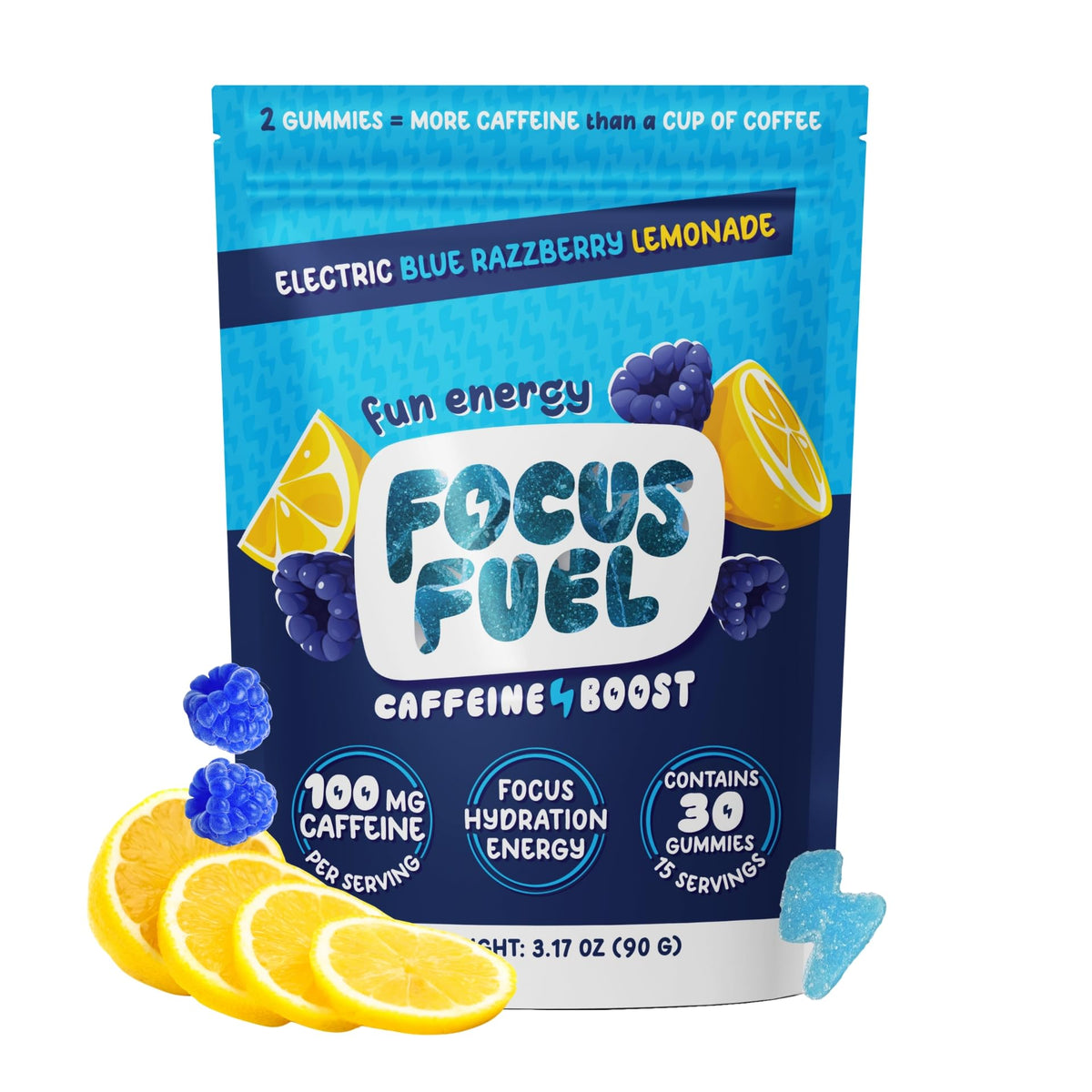 FocusFuel Energy Chews bottle in Blue Razzberry Lemonade for on-the-go energy.
