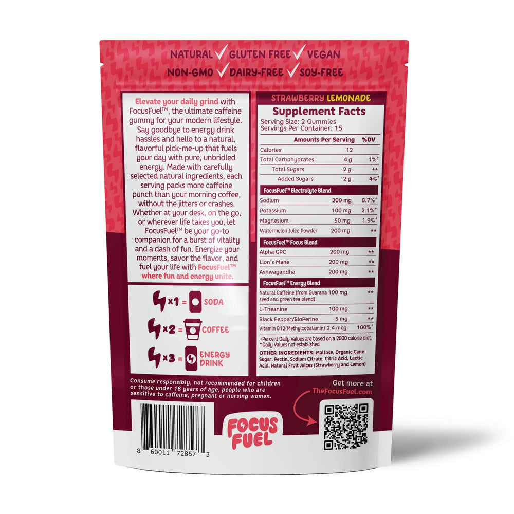 Ingredients label for FocusFuel Energy Chews, highlighting real fruit juice and caffeine sources.