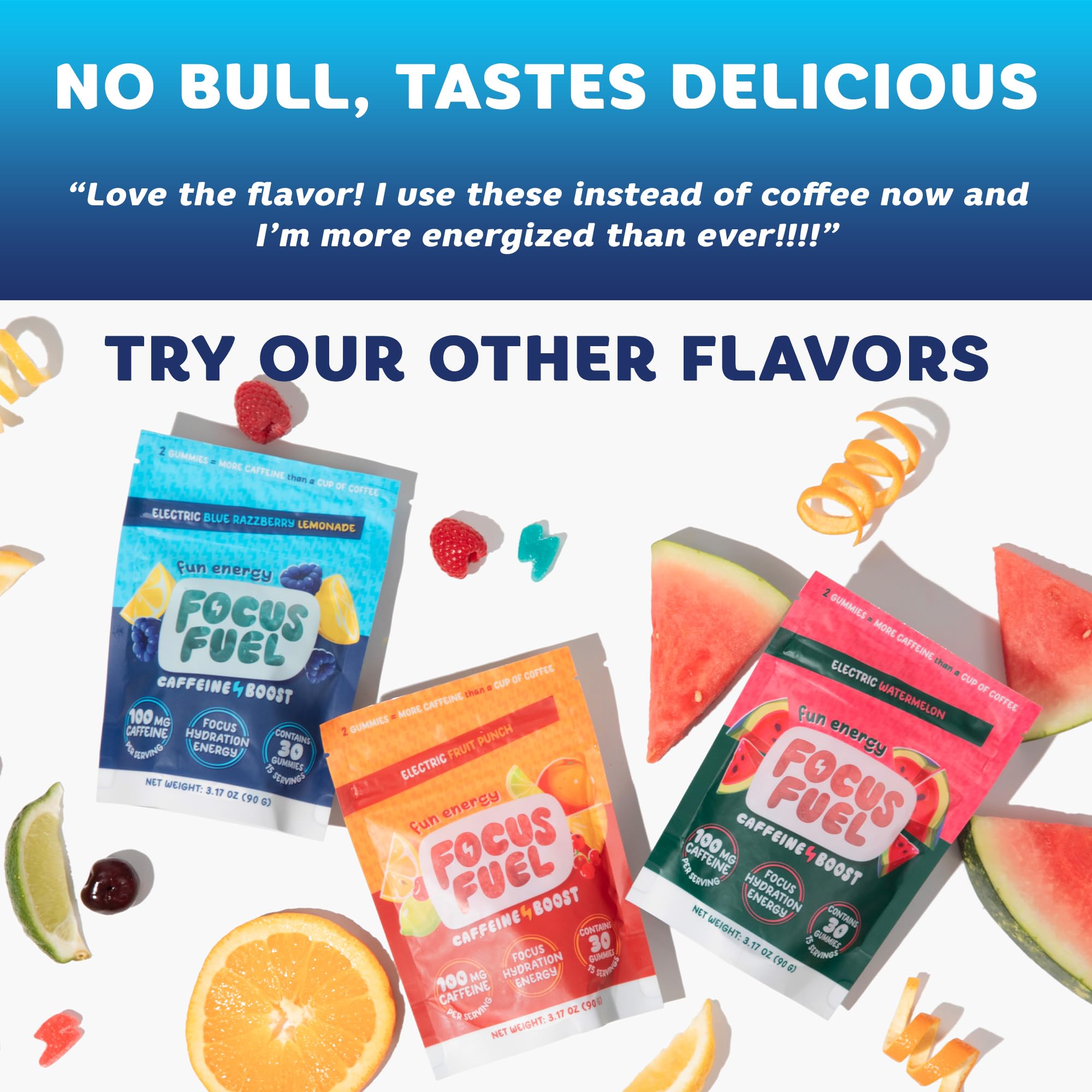 FocusFuel label emphasizes natural caffeine from guarana and green tea.