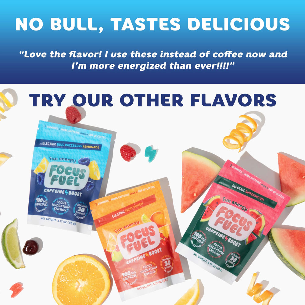 FocusFuel label emphasizes natural caffeine from guarana and green tea.