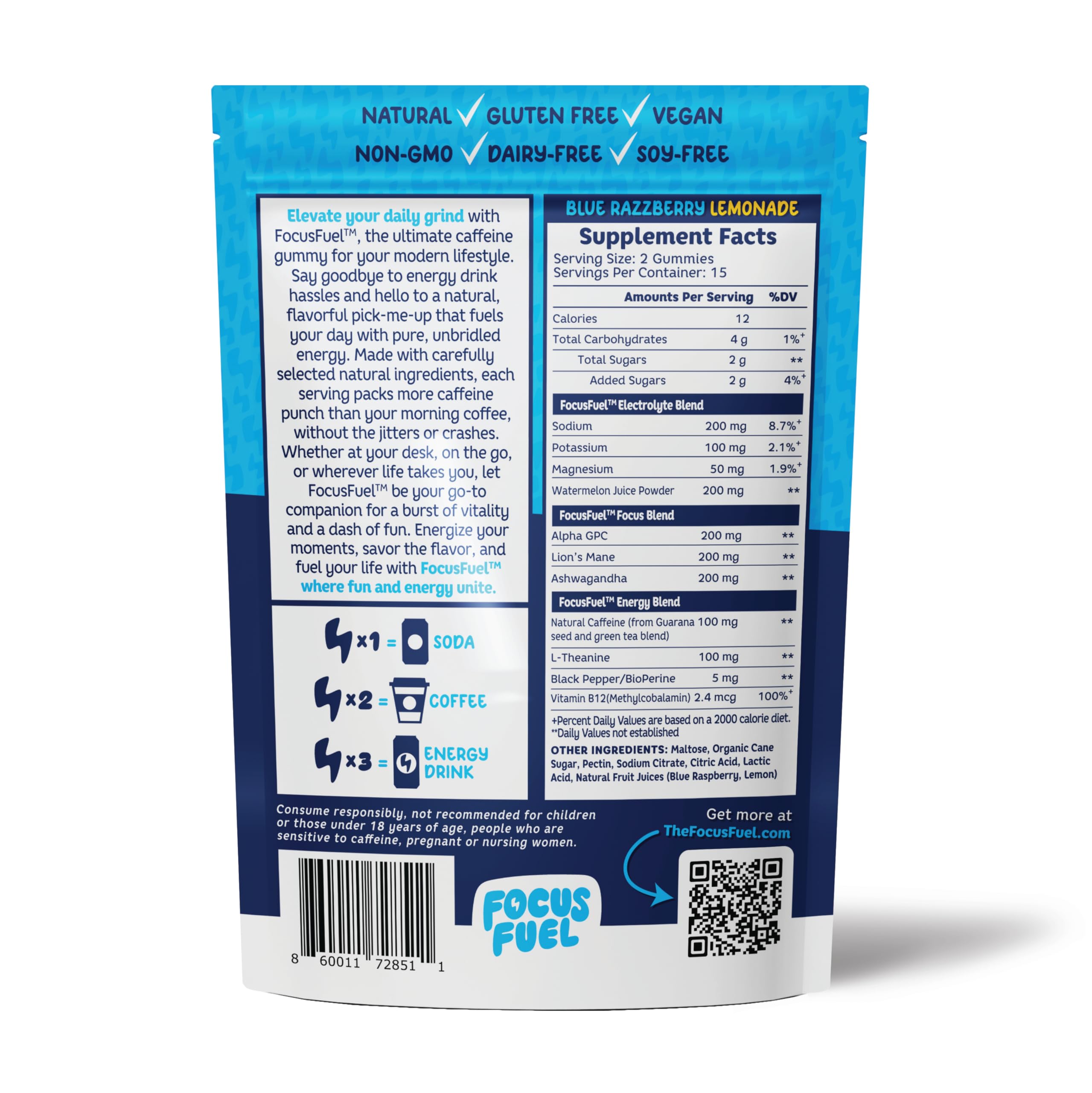 FocusFuel ingredients panel highlights Alpha GPC and Lion's Mane.