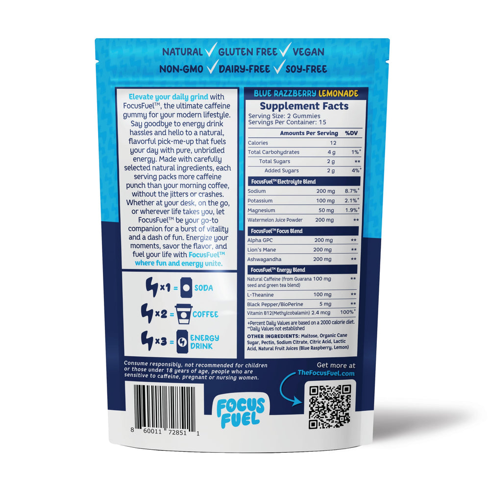 FocusFuel ingredients panel highlights Alpha GPC and Lion's Mane.