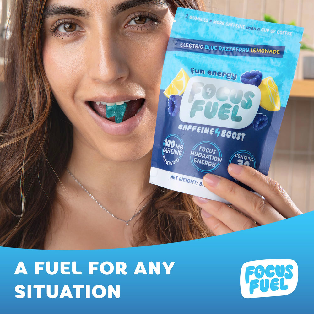 FocusFuel Blue Razberry Lemonade chews with real fruit juice visuals.