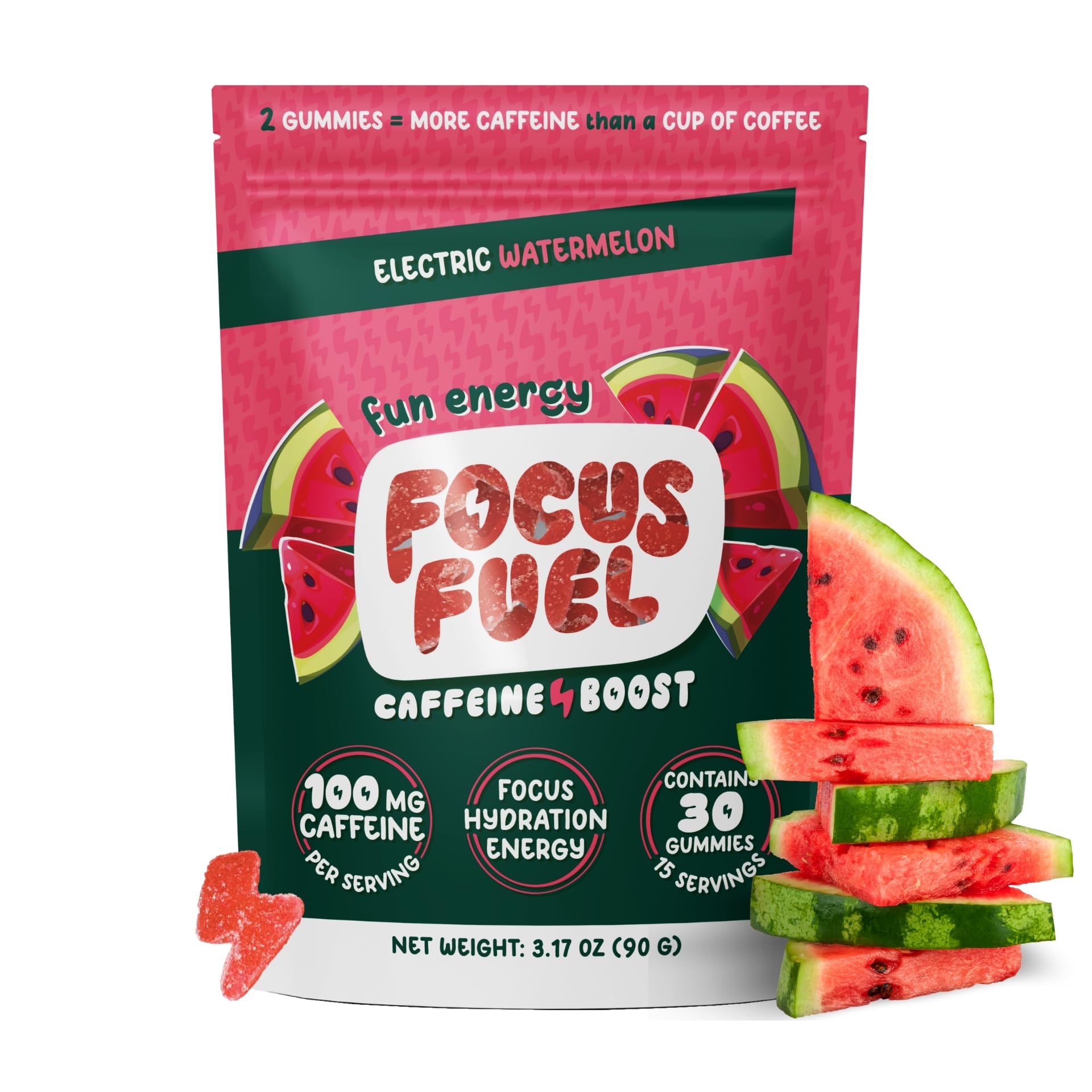 FocusFuel Energy Chews bottle highlights watermelon flavor and smooth energy for focus.
