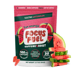 FocusFuel Energy Chews bottle highlights watermelon flavor and smooth energy for focus.