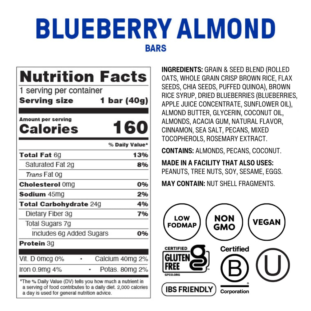 Close up of Fody Blueberry Almond Bar ingredients like oats and almonds for energy