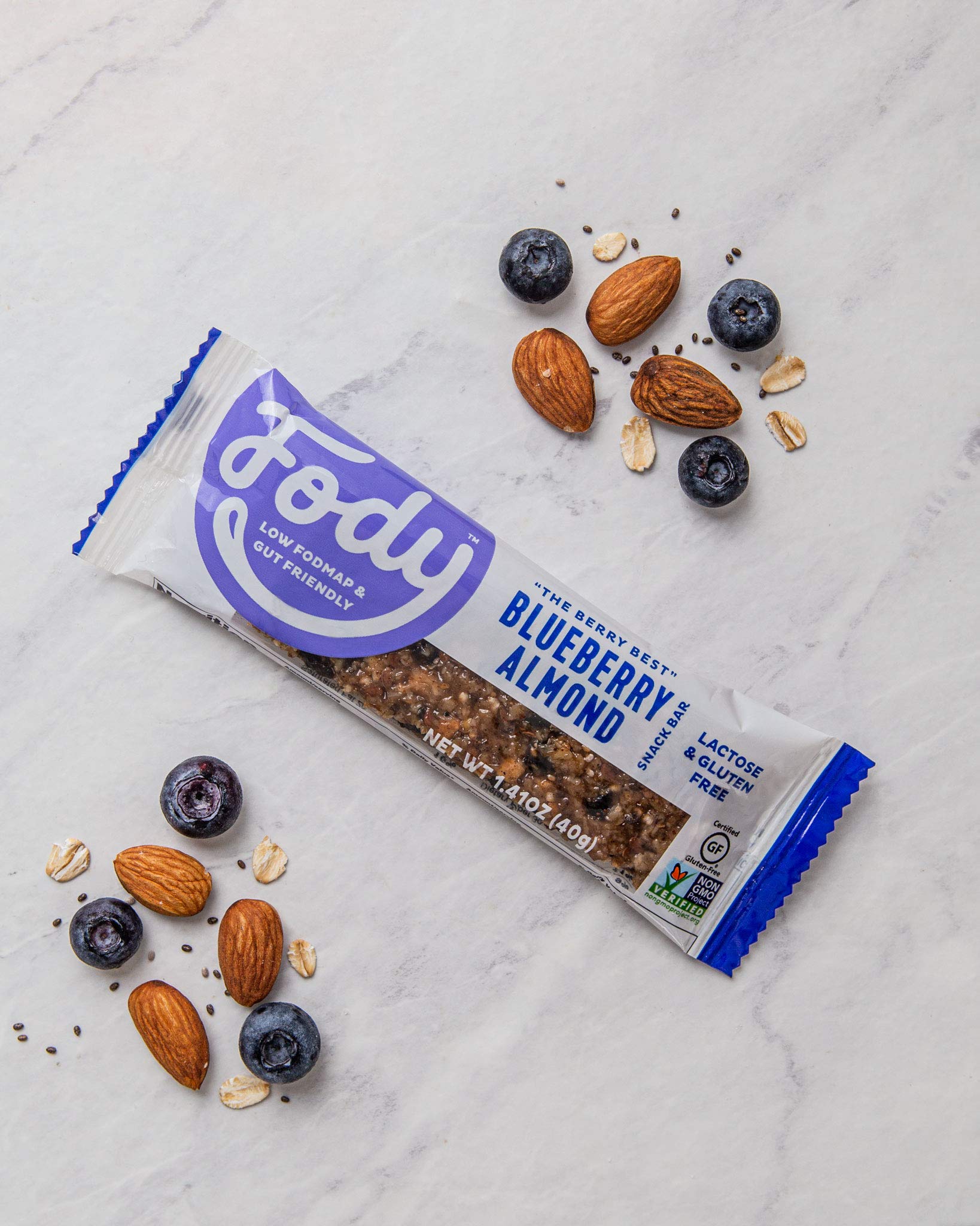 Nutrition label of Fody Blueberry Almond Bar with 3 g protein per bar