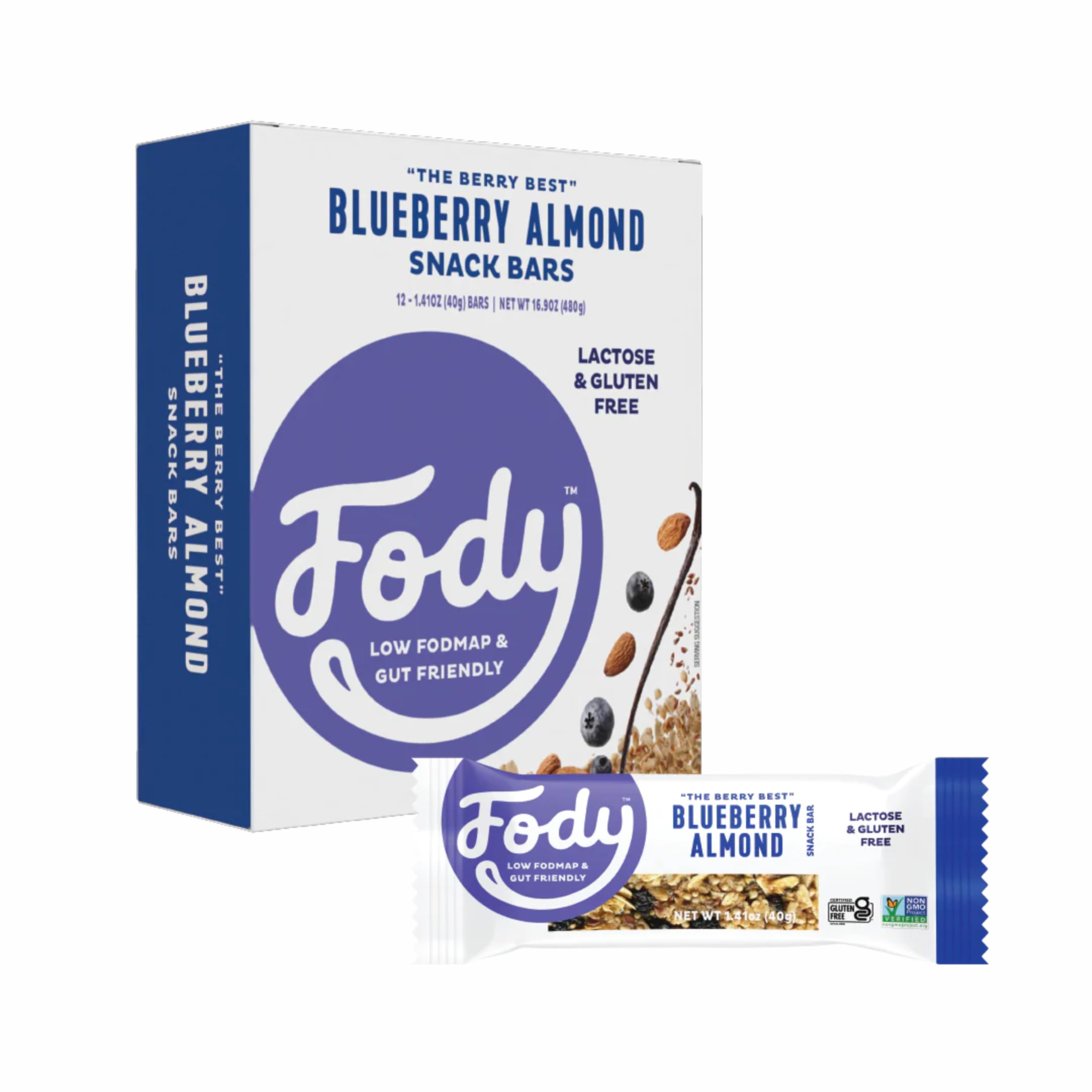 Fody Blueberry Almond Snack Bars pack of 12 for convenient IBS friendly snacking